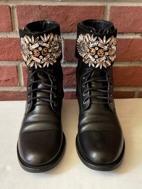 Rene Caovilla Embelished Lace Up & Zip Moto Boots Size 41 Made in Italy